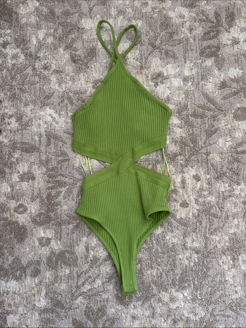 Zara Olive Green Ribbed Cutout One-Piece Bodysuit